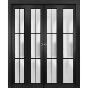 Sliding Closet Double Bi-fold Doors | Planum 2122 Matte Black with Frosted Glass and Aluminum Strips | Sturdy Tracks Moldings Trims Hardware Set | Wood Solid Bedroom Wardrobe Doors
