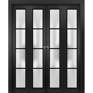 Sliding Closet Double Bi-fold Doors | Planum 2132 Matte Black with Frosted Glass and Aluminum Strips | Sturdy Tracks Moldings Trims Hardware Set | Wood Solid Bedroom Wardrobe Doors