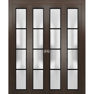 Sliding Closet Double Bi-fold Doors | Planum 2132 Chocolate Ash with Frosted Glass and Aluminum Strips | Sturdy Tracks Moldings Trims Hardware Set | Wood Solid Bedroom Wardrobe Doors