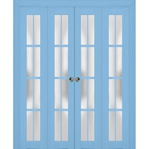Sliding Closet Double Bi-fold Doors | Veregio 7412 Aquamarine with Frosted Glass | Sturdy Tracks Moldings Trims Hardware Set | Wood Solid Bedroom Wardrobe Doors 