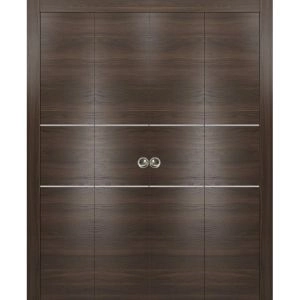Sliding Closet Double Bi-fold Doors | Planum 0110 Chocolate Ash and Aluminum Strips | Sturdy Tracks Moldings Trims Hardware Set | Wood Solid Bedroom Wardrobe Doors