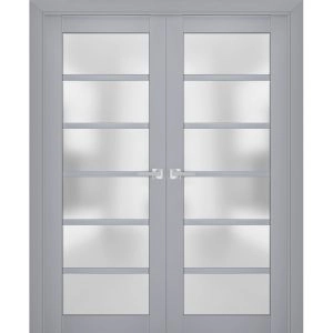 Interior Solid French Double Doors | Veregio 7602 Matte Grey with Frosted Glass | Wood Solid Panel Frame Trims | Closet Bedroom Sturdy Doors 