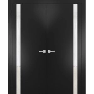 Solid French Double Doors | Planum 0040 Matte Black with White Glass | Wood Solid Panel Frame Trims | Closet Bedroom Sturdy Doors 