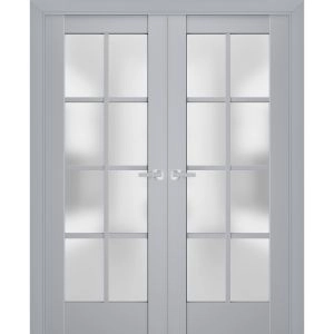 Interior Solid French Double Doors | Veregio 7412 Matte Grey with Frosted Glass | Wood Solid Panel Frame Trims | Closet Bedroom Sturdy Doors 