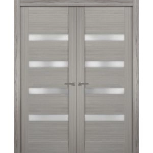 Solid French Double Doors | Quadro 4113 Ginger Ash with Frosted Glass | Wood Solid Panel Frame Trims | Closet Bedroom Sturdy Doors 