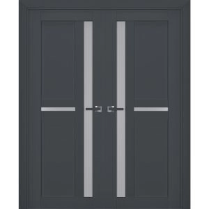 Interior Solid French Double Doors | Veregio 7288 Antracite with Frosted Glass | Wood Solid Panel Frame Trims | Closet Bedroom Sturdy Doors 