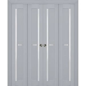 Sliding Closet Double Bi-fold Doors | Veregio 7288 Matte Grey with Frosted Glass | Sturdy Tracks Moldings Trims Hardware Set | Wood Solid Bedroom Wardrobe Doors 