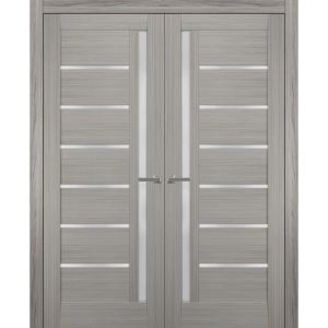 Solid French Double Doors | Quadro 4088 Ginger Ash with Frosted Glass | Wood Solid Panel Frame Trims | Closet Bedroom Sturdy Doors 