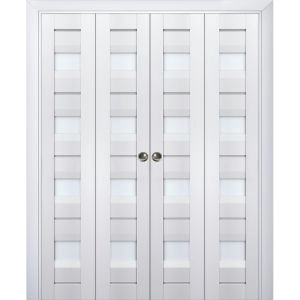 Sliding Closet Double Bi-fold Doors | Veregio 7455 White Silk with Frosted Glass | Sturdy Tracks Moldings Trims Hardware Set | Wood Solid Bedroom Wardrobe Doors 