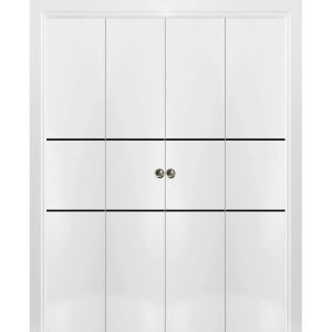 Sliding Closet Double Bi-fold Doors | Planum 0014 White Silk and Aluminum Strips | Sturdy Tracks Moldings Trims Hardware Set | Wood Solid Bedroom Wardrobe Doors