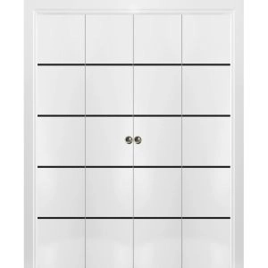 Sliding Closet Double Bi-fold Doors | Planum 0015 White Silk and Aluminum Strips | Sturdy Tracks Moldings Trims Hardware Set | Wood Solid Bedroom Wardrobe Doors
