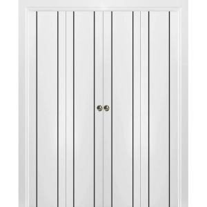 Sliding Closet Double Bi-fold Doors | Planum 0017 White Silk and Aluminum Strips | Sturdy Tracks Moldings Trims Hardware Set | Wood Solid Bedroom Wardrobe Doors