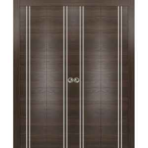Sliding Closet Double Bi-fold Doors | Planum 0310 Chocolate Ash and Aluminum Strips | Sturdy Tracks Moldings Trims Hardware Set | Wood Solid Bedroom Wardrobe Doors