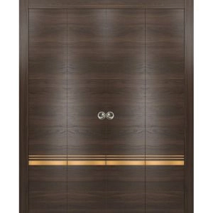 Sliding Closet Double Bi-fold Doors | Planum 2010 Chocolate Ash and Aluminum Strips | Sturdy Tracks Moldings Trims Hardware Set | Wood Solid Bedroom Wardrobe Doors