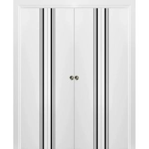 Sliding Closet Double Bi-fold Doors | Planum 0011 White Silk and Aluminum Strips | Sturdy Tracks Moldings Trims Hardware Set | Wood Solid Bedroom Wardrobe Doors