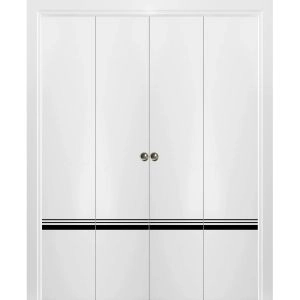 Sliding Closet Double Bi-fold Doors | Planum 0012 White Silk and Aluminum Strips | Sturdy Tracks Moldings Trims Hardware Set | Wood Solid Bedroom Wardrobe Doors