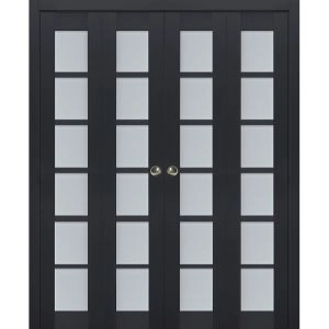 Sliding Closet Double Bi-fold Doors | Veregio 7602 Antracite with Frosted Glass | Sturdy Tracks Moldings Trims Hardware Set | Wood Solid Bedroom Wardrobe Doors 