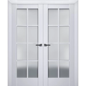 Interior Solid French Double Doors | Veregio 7412 White Silk with Frosted Glass | Wood Solid Panel Frame Trims | Closet Bedroom Sturdy Doors 