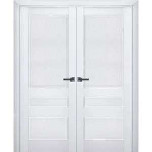 Interior Solid French Double Doors | Veregio 7411 White Silk | Wood Solid Panel Frame Trims | Closet Bedroom Sturdy Doors 