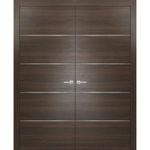 French Double Interior Doors with Hardware | Planum 0020 Chocolate Ash | Pre-hung Panel Frame Trims | Bathroom Bedroom Interior Sturdy Door
