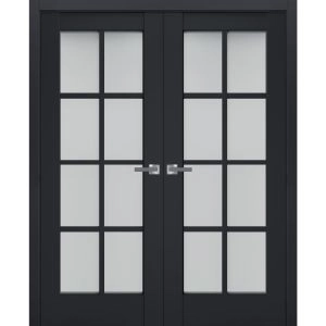 Interior Solid French Double Doors | Veregio 7412 Antracite with Frosted Glass | Wood Solid Panel Frame Trims | Closet Bedroom Sturdy Doors 