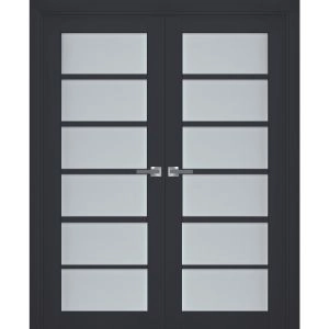 Interior Solid French Double Doors | Veregio 7602 Antracite with Frosted Glass | Wood Solid Panel Frame Trims | Closet Bedroom Sturdy Doors 