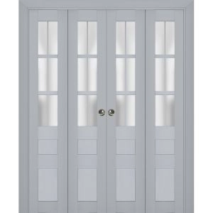 Sliding Closet Double Bi-fold Doors | Veregio 7339 Matte Grey with Frosted Glass | Sturdy Tracks Moldings Trims Hardware Set | Wood Solid Bedroom Wardrobe Doors 