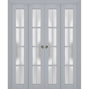 Sliding Closet Double Bi-fold Doors | Veregio 7412 Matte Grey with Frosted Glass | Sturdy Tracks Moldings Trims Hardware Set | Wood Solid Bedroom Wardrobe Doors 