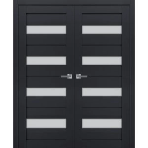 Interior Solid French Double Doors | Veregio 7455 Antracite with Frosted Glass | Wood Solid Panel Frame Trims | Closet Bedroom Sturdy Doors 