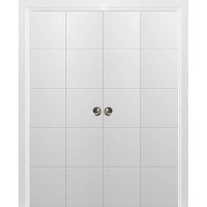 Sliding Closet Double Bi-fold Doors | Planum 0770 Painted White Matte | Sturdy Tracks Moldings Trims Hardware Set | Wood Solid Bedroom Wardrobe Doors 