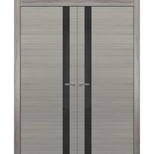 Solid French Double Doors | Planum 0040 Grey Oak with Black Glass | Wood Solid Panel Frame Trims | Closet Bedroom Sturdy Doors 