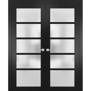 Solid French Double Doors | Quadro 4002 Matte Black with Frosted Glass | Wood Solid Panel Frame Trims | Closet Bedroom Sturdy Doors 