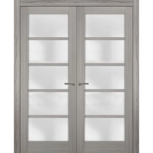 Solid French Double Doors | Quadro 4002 Ginger Ash with Frosted Glass | Wood Solid Panel Frame Trims | Closet Bedroom Sturdy Doors 