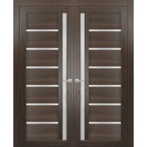 Solid French Double Doors | Quadro 4088 Chocolate Ash with Frosted Glass | Wood Solid Panel Frame Trims | Closet Bedroom Sturdy Doors 