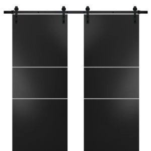 Sturdy Double Barn Door with Hardware | Planum 0110 Matte Black and Aluminum Strips | 13FT Rail Hangers Heavy Set | Modern Solid Panel Interior Doors