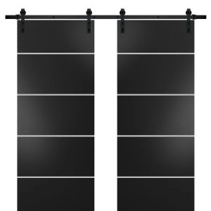 Sturdy Double Barn Door with Hardware | Planum 0210 Matte Black and Aluminum Strips | 13FT Rail Hangers Heavy Set | Modern Solid Panel Interior Doors