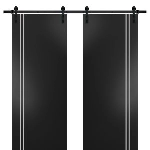 Sturdy Double Barn Door with Hardware | Planum 0310 Matte Black and Aluminum Strips | 13FT Rail Hangers Heavy Set | Modern Solid Panel Interior Doors