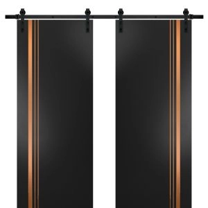 Sturdy Double Barn Door with Hardware | Planum 1010 Matte Black and Aluminum Strips | 13FT Rail Hangers Heavy Set | Modern Solid Panel Interior Doors