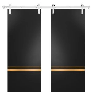 Sturdy Double Barn Door with Hardware | Planum 2010 Matte Black and Aluminum Strips | Silver 13FT Rail Hangers Heavy Set | Modern Solid Panel Interior Doors