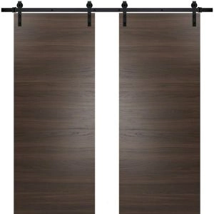 Planum 0010 Modern Interior Solid Wood Flush Closet Double Barn Doors Chocolate Ash with Track 13FT Rail Hardware Set