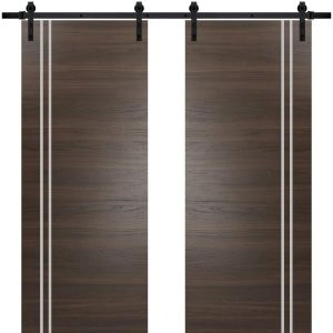 Sturdy Double Barn Door with Hardware | Planum 0310 Chocolate Ash and Aluminum Strips | 13FT Rail Hangers Heavy Set | Modern Solid Panel Interior Doors