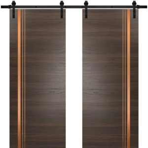Sturdy Double Barn Door with Hardware | Planum 1010 Chocolate Ash and Aluminum Strips | 13FT Rail Hangers Heavy Set | Modern Solid Panel Interior Doors