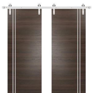Sturdy Double Barn Door with Hardware | Planum 0310 Chocolate Ash and Aluminum Strips | Silver 13FT Rail Hangers Heavy Set | Modern Solid Panel Interior Doors