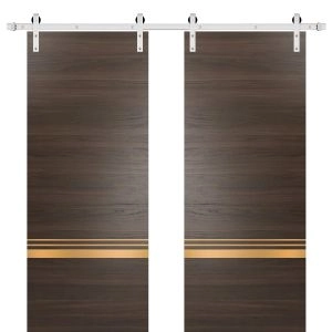 Sturdy Double Barn Door with Hardware | Planum 2010 Chocolate Ash and Aluminum Strips | Silver 13FT Rail Hangers Heavy Set | Modern Solid Panel Interior Doors