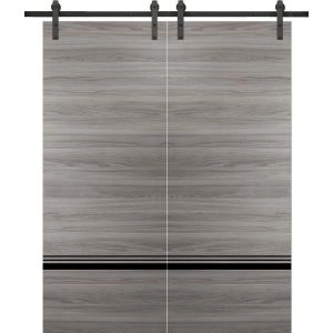 Sturdy Double Barn Door with Hardware | Planum 0012 Ginger Ash and Aluminum Strips | 13FT Rail Hangers Heavy Set | Modern Solid Panel Interior Doors