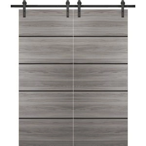 Sturdy Double Barn Door with Hardware | Planum 0015 Ginger Ash and Aluminum Strips | Silver 13FT Rail Hangers Heavy Set | Modern Solid Panel Interior Doors