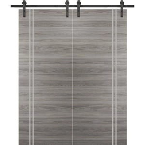 Sturdy Double Barn Door with Hardware | Planum 0310 Ginger Ash and Aluminum Strips | 13FT Rail Hangers Heavy Set | Modern Solid Panel Interior Doors