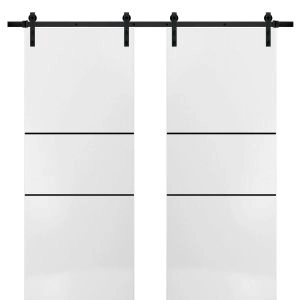 Sturdy Double Barn Door with Hardware | Planum 0014 White Silk and Aluminum Strips | 13FT Rail Hangers Heavy Set | Modern Solid Panel Interior Doors