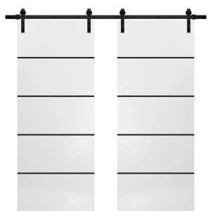 Sturdy Double Barn Door with Hardware | Planum 0015 White Silk and Aluminum Strips | 13FT Rail Hangers Heavy Set | Modern Solid Panel Interior Doors