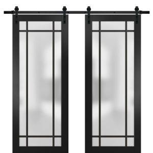 Sturdy Double Barn Door | Planum 2112 Matte Black with Frosted Glass and Aluminum Strips | 13FT Rail Hangers Heavy Set | Modern Solid Panel Interior Doors